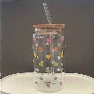 Heart Pattern Glass Tumbler with Bamboo Lid and Straw